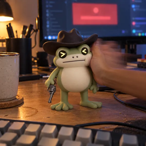 A hand slapping the Cowboy Frog's cheek at a desk at night, its screen eyes squeezed shut