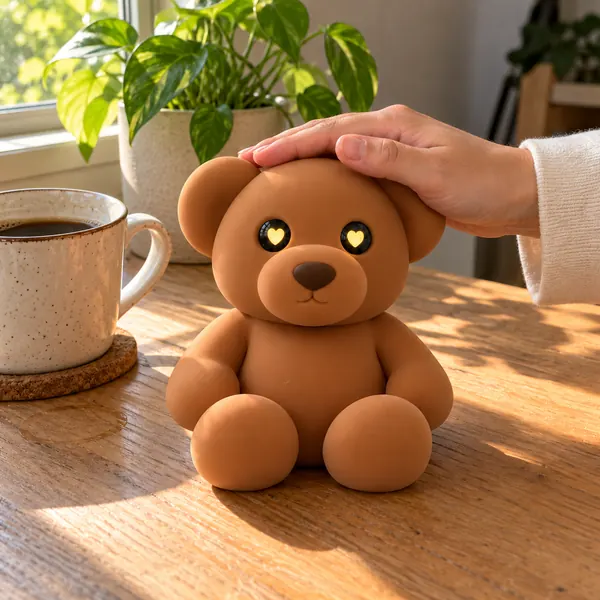 A hand patting the Brown Bear's head in the morning sun, its eyes turned to hearts