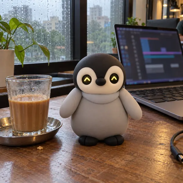 The Penguin beside a glass of chai and a laptop on a rainy monsoon day