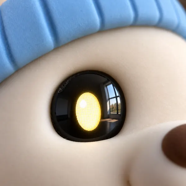 Close-up of the Winter Bear's glowing screen eye under its blue beanie