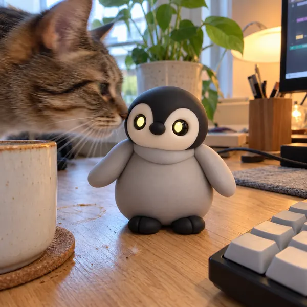 A cat sniffing the Penguin on a desk, the Penguin's eyes wide