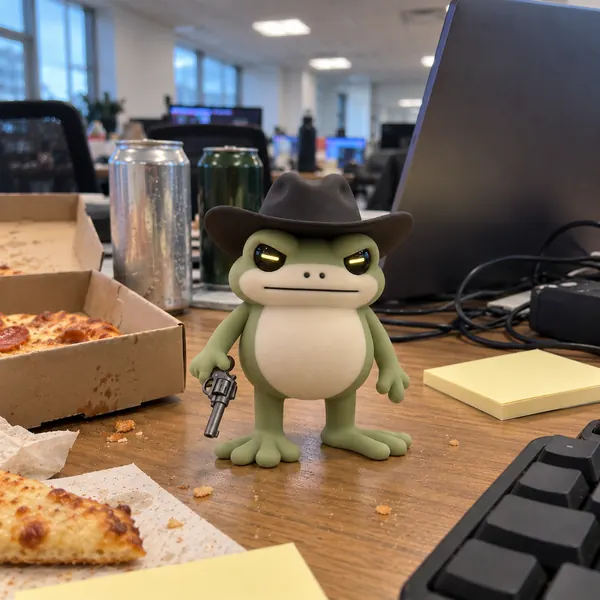 The Cowboy Frog on a hackathon table among pizza boxes and laptops