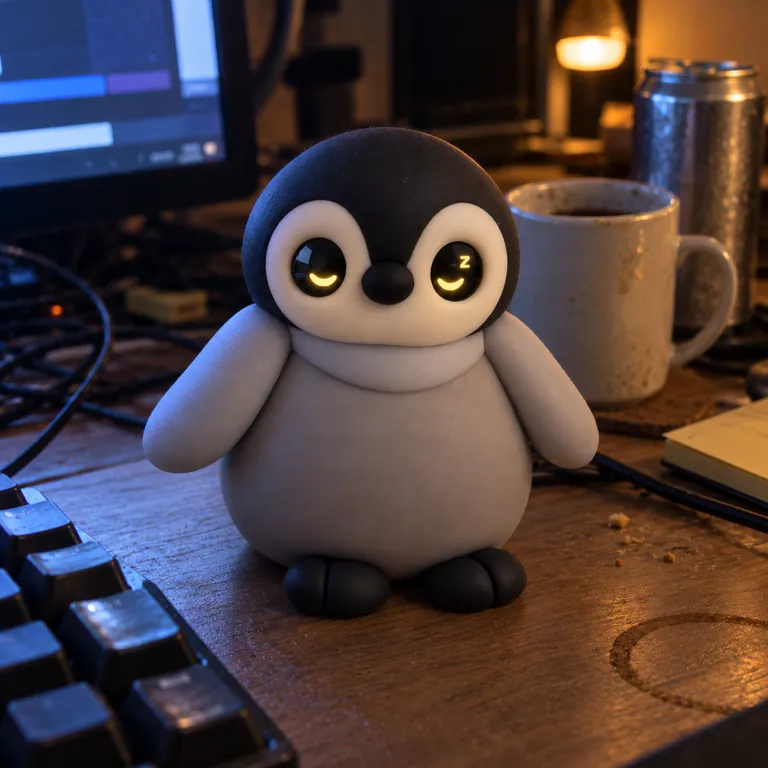 The penguin late at night on a desk, its screen eyes sleepy and tired