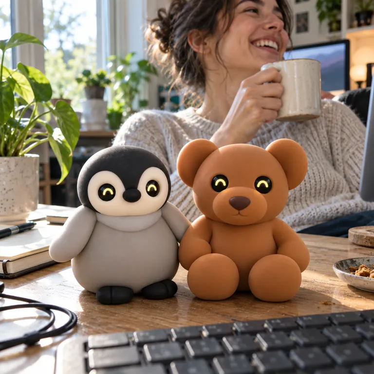 The penguin and the brown bear with happy eyes on a desk while their owner laughs